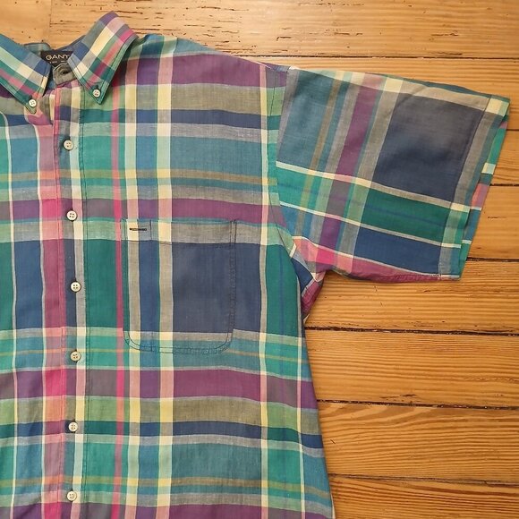 Gant Salty Dog Blues & Greens  Plaid 100% Cotton Button Up Short Sleeve Sz L - Picture 2 of 7